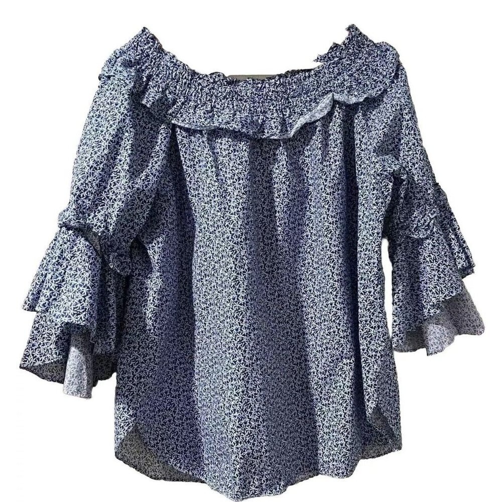 SARA CAMPBELL Women Lond Sleeve Cotton Blouse Blue Floral Size XL Top